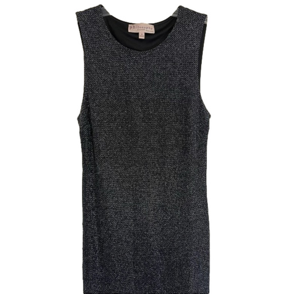𝅺PHILOSOPHY Black & Silver Midi Cocktail Dress Size M - Picture 1 of 9